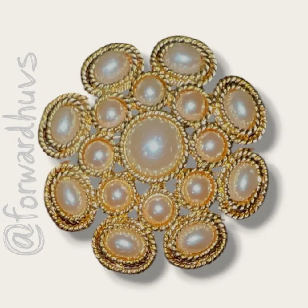 Vintage Gold Tone Faux Pearl Floral Filigree Brooch Pin
